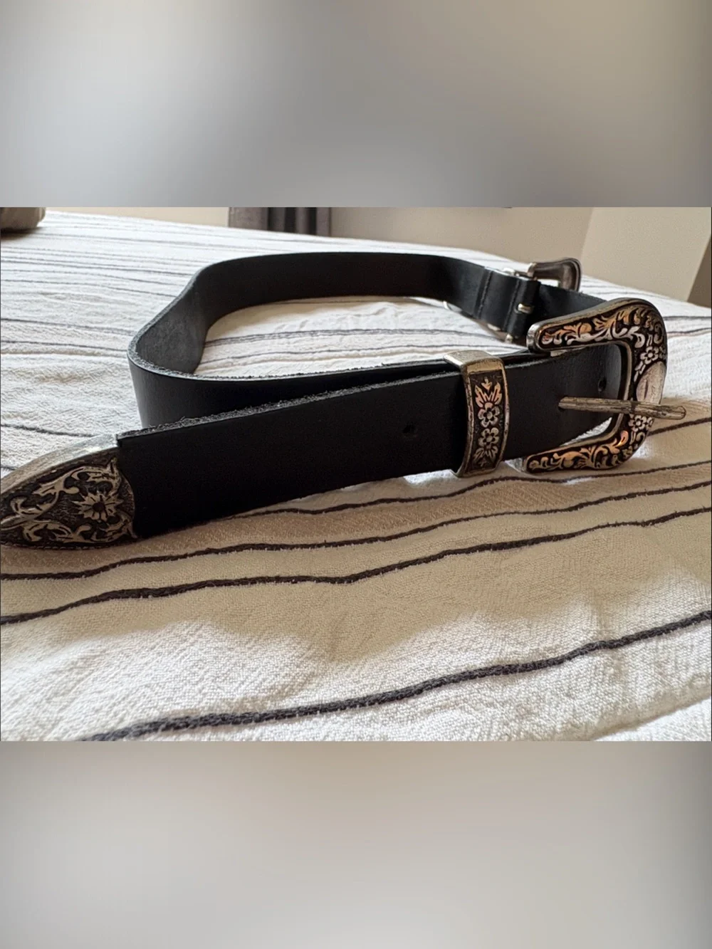 Black Leather Double Buckle Western Belt with Silver Detail